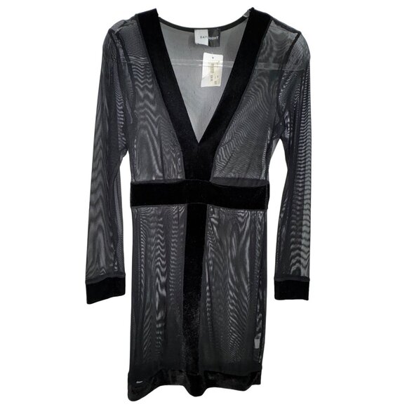 Day & Night Womens V-Neck Sheer Black Dress Medium Sexy Bodycon Velvet Trim Club - Picture 1 of 7